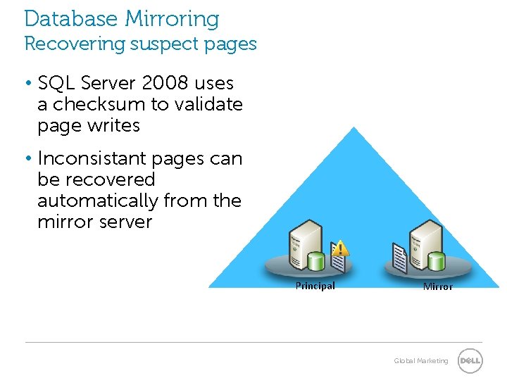 Database Mirroring Recovering suspect pages • SQL Server 2008 uses a checksum to validate Database Mirroring Recovering suspect pages • SQL Server 2008 uses a checksum to validate