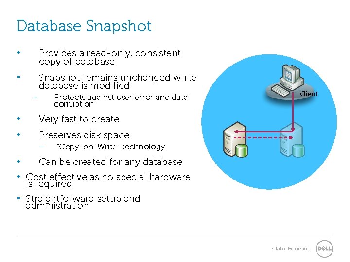 Database Snapshot • Provides a read-only, consistent copy of database • Snapshot remains unchanged