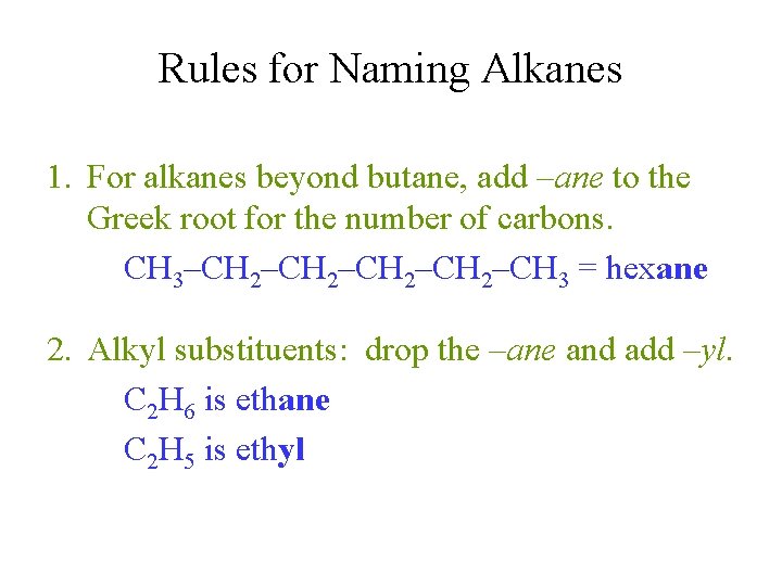 Rules for Naming Alkanes 1. For alkanes beyond butane, add –ane to the Greek