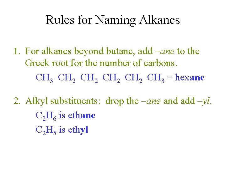 Rules for Naming Alkanes 1. For alkanes beyond butane, add –ane to the Greek