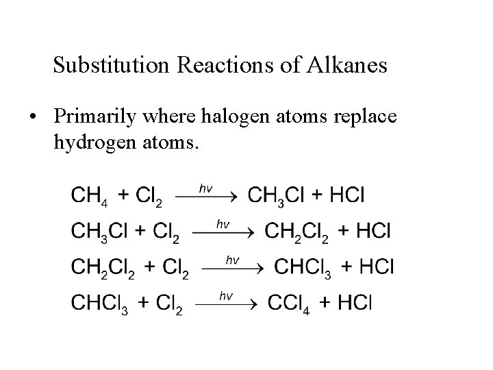 Substitution Reactions of Alkanes • Primarily where halogen atoms replace hydrogen atoms. 