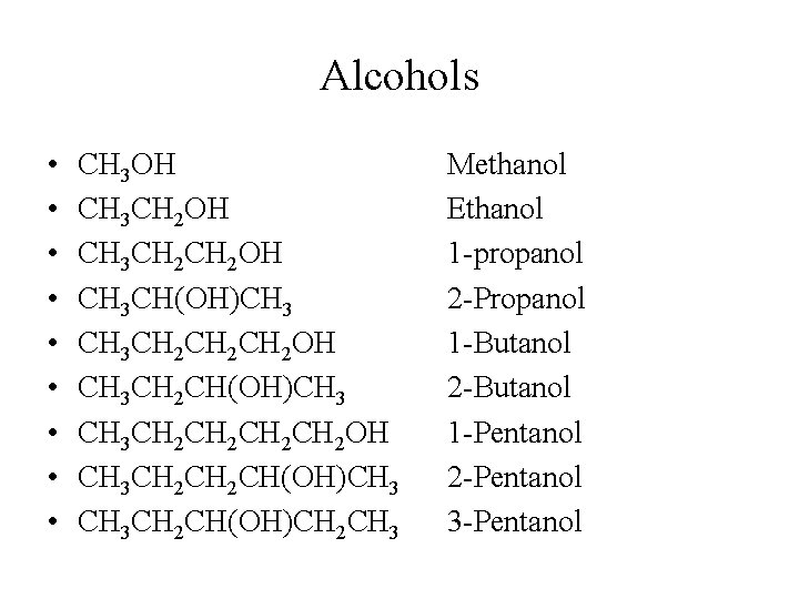 Alcohols • • • CH 3 OH CH 3 CH 2 CH 2 OH