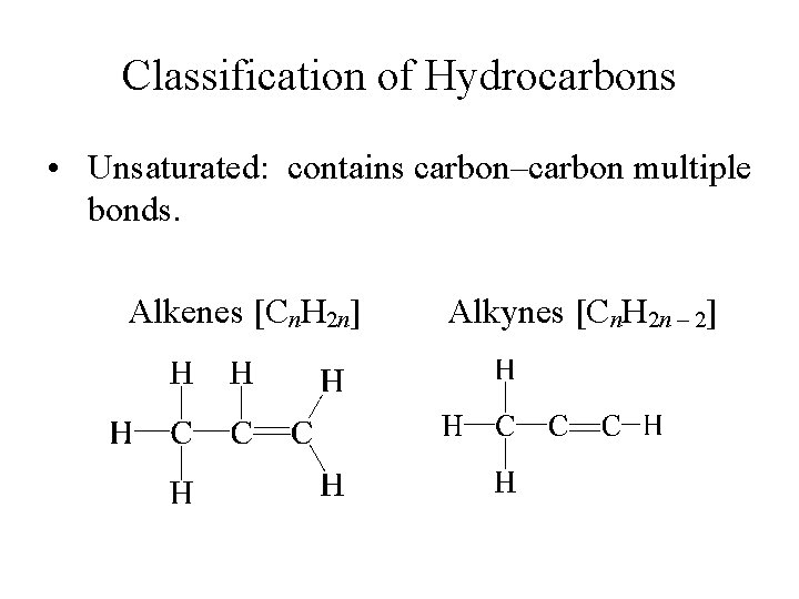 Classification of Hydrocarbons • Unsaturated: contains carbon–carbon multiple bonds. Alkenes [Cn. H 2 n]