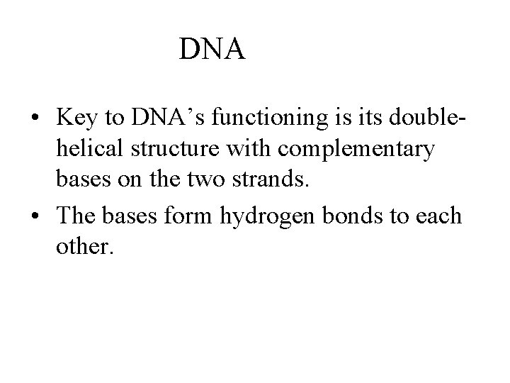 DNA • Key to DNA’s functioning is its doublehelical structure with complementary bases on