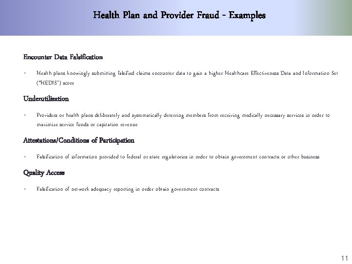 Health Plan and Provider Fraud - Examples Encounter Data Falsification • Health plans knowingly
