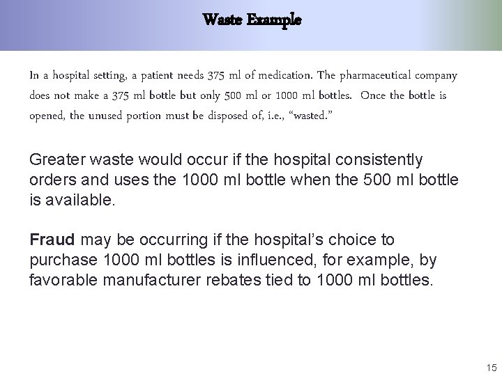 Waste Example In a hospital setting, a patient needs 375 ml of medication. The