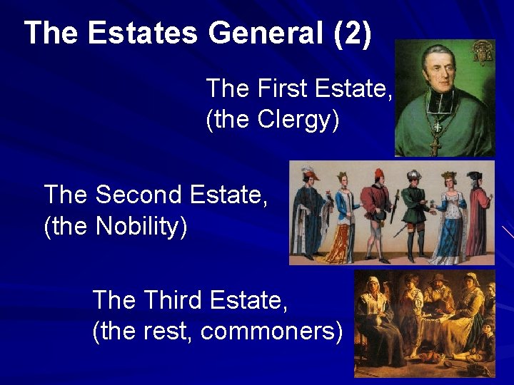 The Estates General (2) The First Estate, (the Clergy) The Second Estate, (the Nobility)