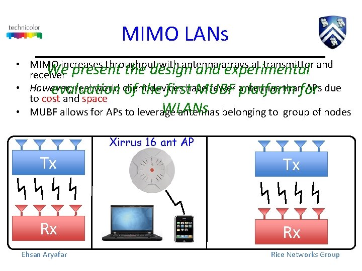 MIMO LANs • MIMO increases throughput with antenna arrays at transmitter and We present