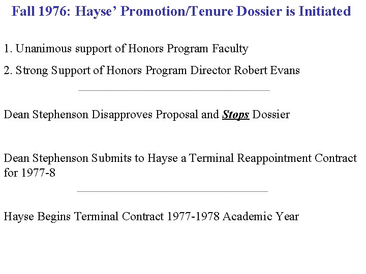 Fall 1976: Hayse’ Promotion/Tenure Dossier is Initiated 1. Unanimous support of Honors Program Faculty