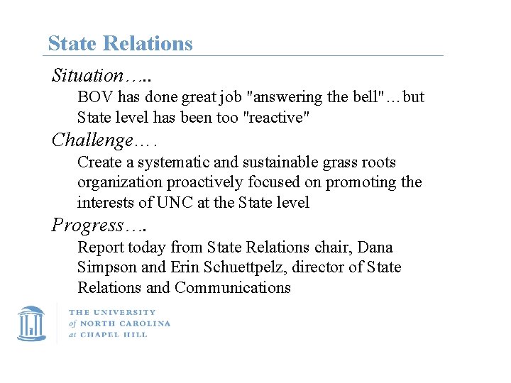 State Relations Situation…. . BOV has done great job "answering the bell"…but State level