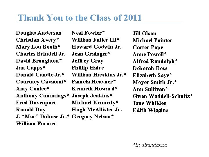 Thank You to the Class of 2011 Douglas Anderson Christian Avery* Mary Lou Booth*