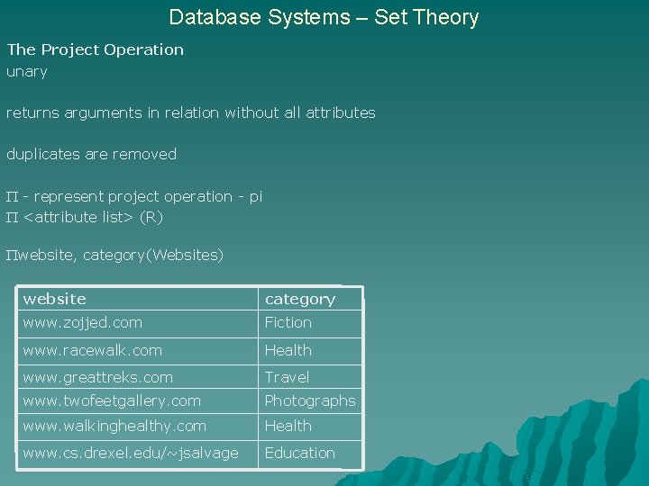 Database Systems – Set Theory The Project Operation unary returns arguments in relation without