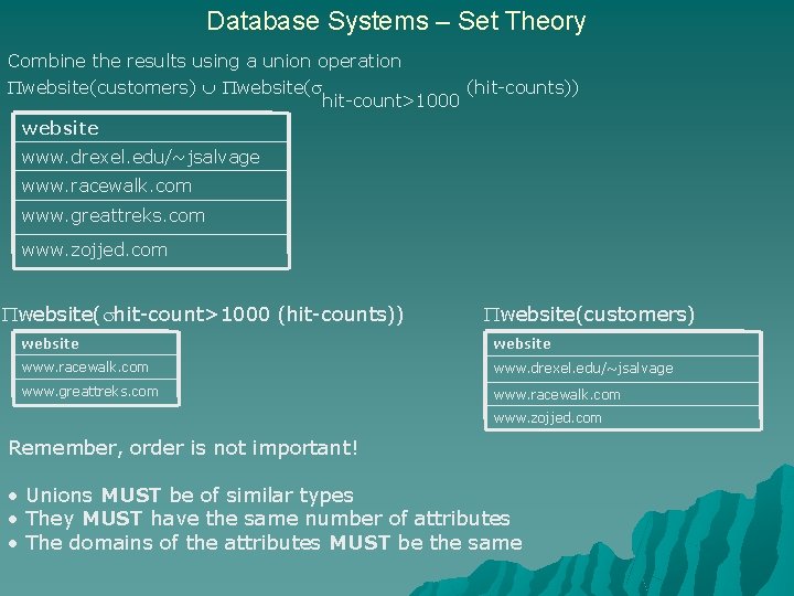 Database Systems – Set Theory Combine the results using a union operation website(customers) website(
