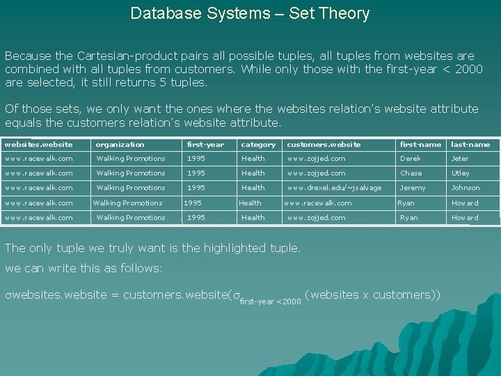 Database Systems – Set Theory Because the Cartesian-product pairs all possible tuples, all tuples