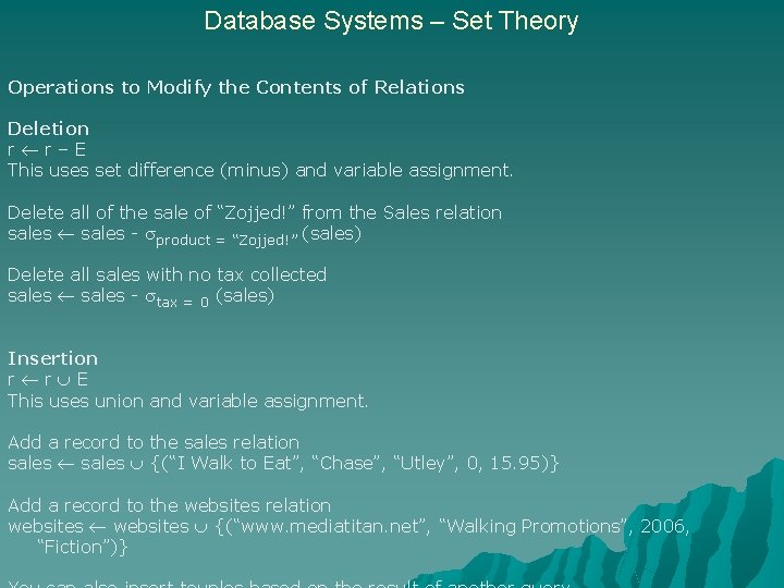 Database Systems – Set Theory Operations to Modify the Contents of Relations Deletion r