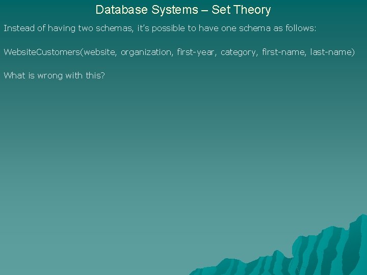 Database Systems – Set Theory Instead of having two schemas, it’s possible to have