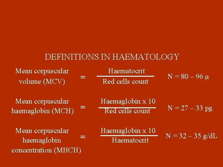 DEFINITIONS IN HAEMATOLOGY Mean corpuscular volume (MCV) Haematocrit Red cells count N = 80