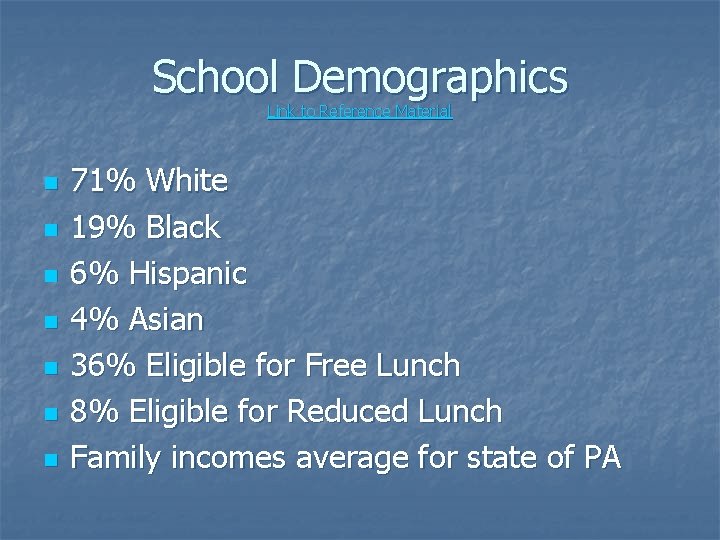 School Demographics Link to Reference Material n n n n 71% White 19% Black