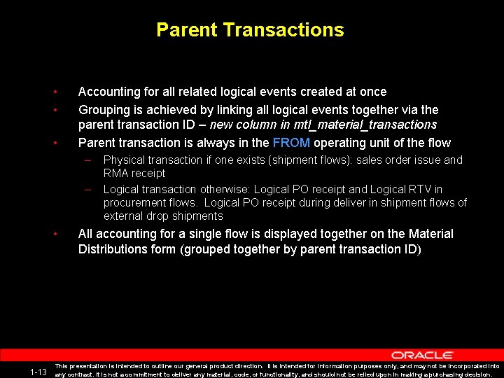 Parent Transactions • • • Accounting for all related logical events created at once