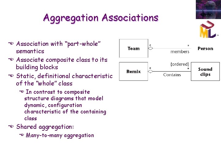 Aggregation Associations E Association with “part-whole” semantics E Associate composite class to its building Aggregation Associations E Association with “part-whole” semantics E Associate composite class to its building