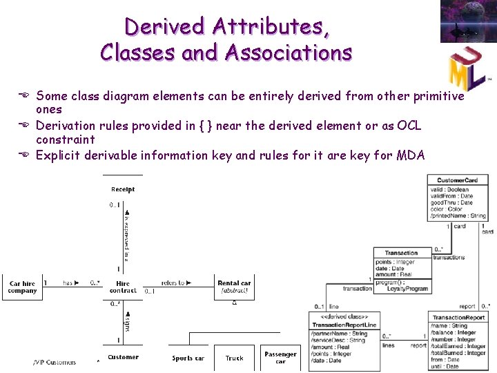 Derived Attributes, Classes and Associations E Some class diagram elements can be entirely derived Derived Attributes, Classes and Associations E Some class diagram elements can be entirely derived