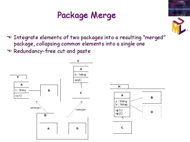 Package Merge E Integrate elements of two packages into a resulting “merged” package, collapsing Package Merge E Integrate elements of two packages into a resulting “merged” package, collapsing