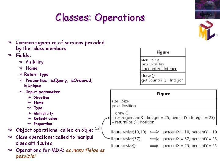 Classes: Operations E Common signature of services provided by the class members E Fields: Classes: Operations E Common signature of services provided by the class members E Fields: