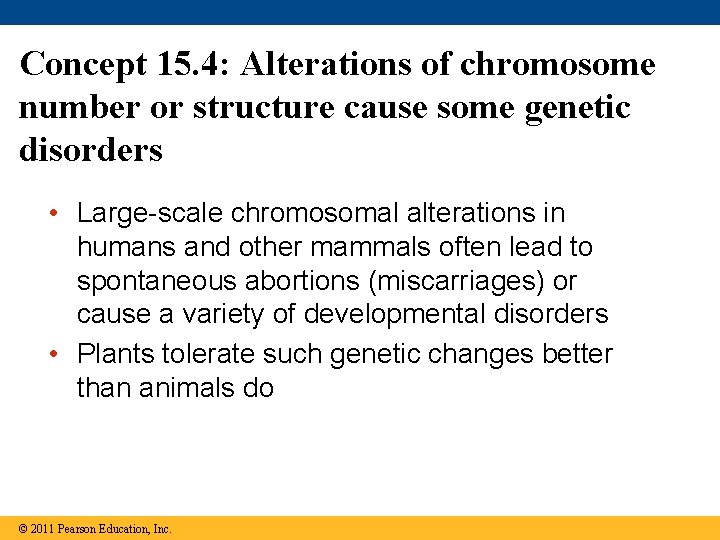 Concept 15. 4: Alterations of chromosome number or structure cause some genetic disorders •