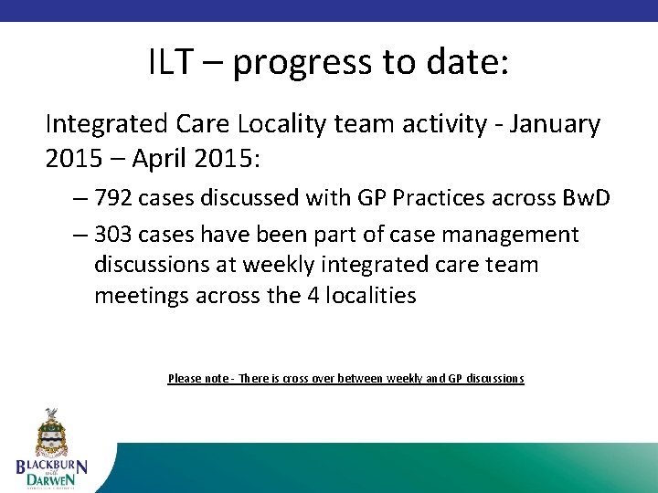 ILT – progress to date: Integrated Care Locality team activity - January 2015 –