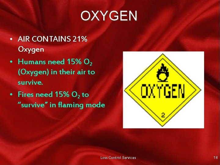 OXYGEN • AIR CONTAINS 21% Oxygen • Humans need 15% O 2 (Oxygen) in