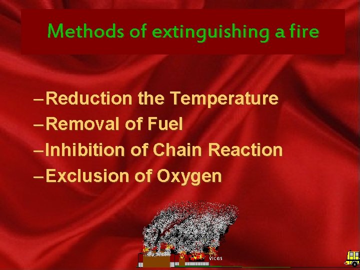 Methods of extinguishing a fire – Reduction the Temperature – Removal of Fuel –