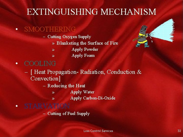 EXTINGUISHING MECHANISM • SMOOTHERING – Cutting Oxygen Supply » Blanketing the Surface of Fire