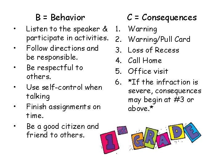 B = Behavior • • • Listen to the speaker & participate in activities.