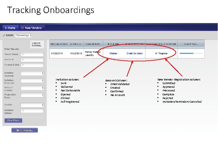 Tracking Onboardings Invitation column: • Sent • Delivered • Not Deliverable • Opened •