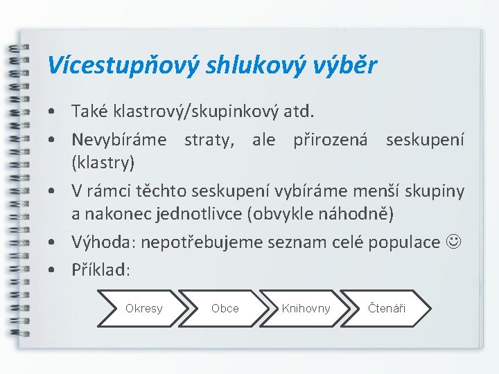 Vícestupňový shlukový výběr • Také klastrový/skupinkový atd. • Nevybíráme straty, ale přirozená seskupení (klastry)