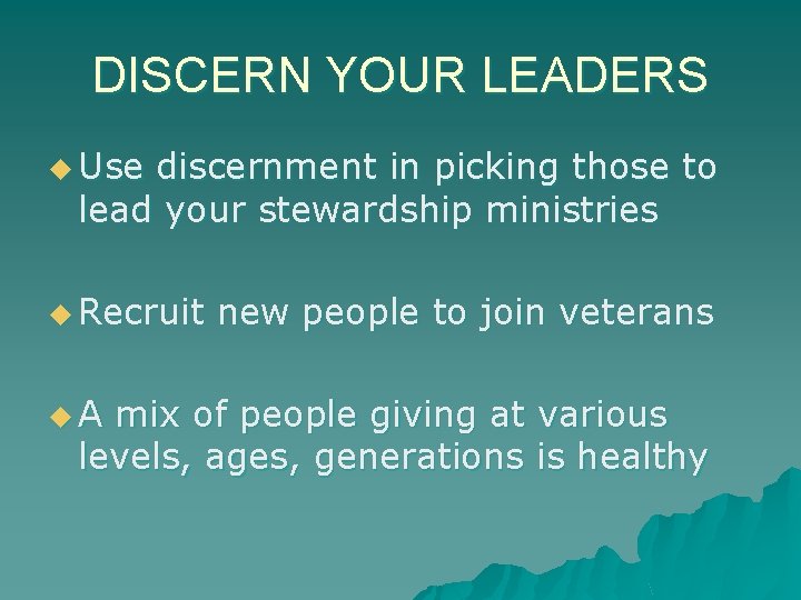 DISCERN YOUR LEADERS u Use discernment in picking those to lead your stewardship ministries