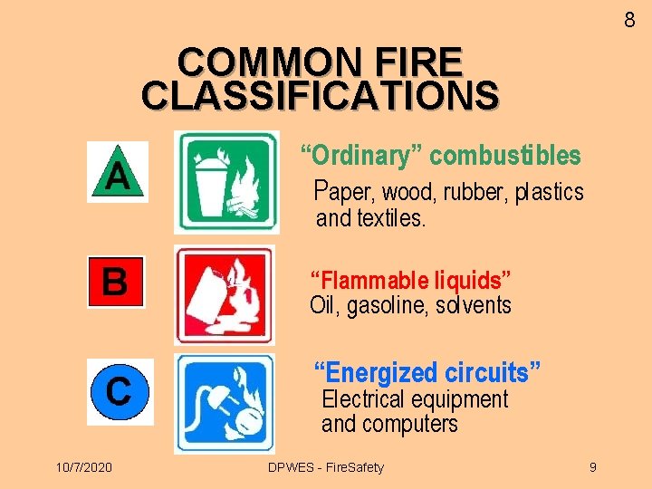 8 COMMON FIRE CLASSIFICATIONS “Ordinary” combustibles Paper, wood, rubber, plastics and textiles. “Flammable liquids”