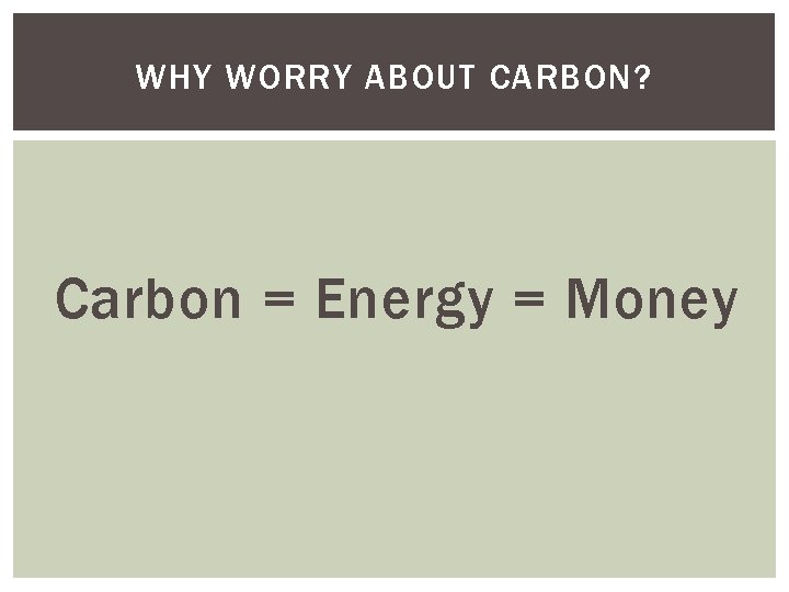 WHY WORRY ABOUT CARBON? Carbon = Energy = Money 