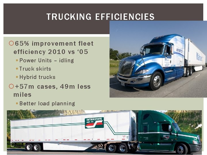 TRUCKING EFFICIENCIES 65% improvement fleet efficiency 2010 vs ‘ 05 § Power Units –