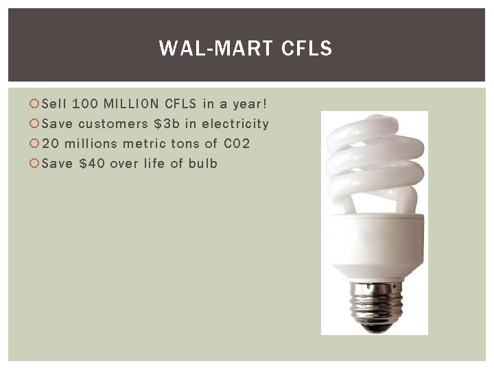 WAL-MART CFLS Sell 100 MILLION CFLS in a year! Save customers $3 b in