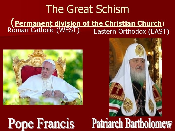 The Great Schism (Permanent division of the Christian Church) Roman Catholic (WEST) Eastern Orthodox