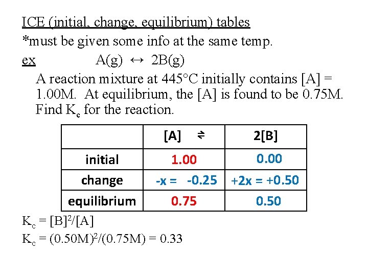 ICE (initial, change, equilibrium) tables *must be given some info at the same temp.