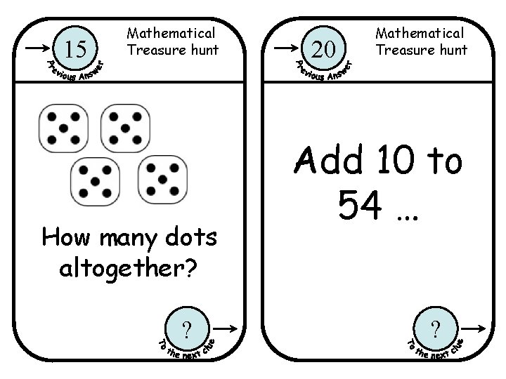 15 Mathematical Treasure hunt How many dots altogether? ? 20 Mathematical Treasure hunt Add