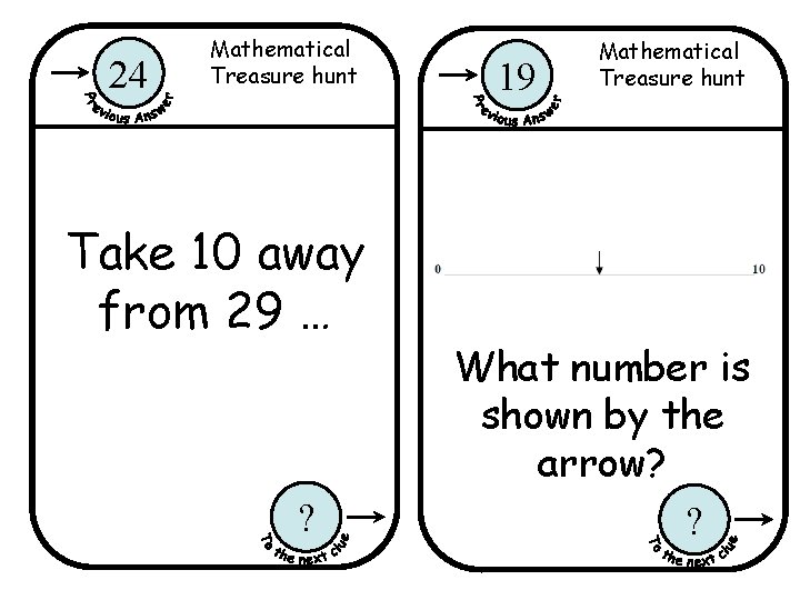 24 Mathematical Treasure hunt Take 10 away from 29 … ? 19 Mathematical Treasure