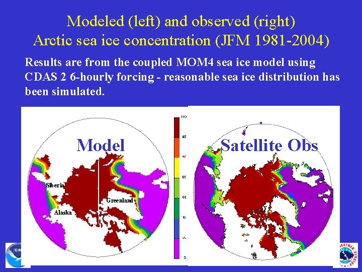 Modeled (left) and observed (right) Arctic sea ice concentration (JFM 1981 -2004) Results are
