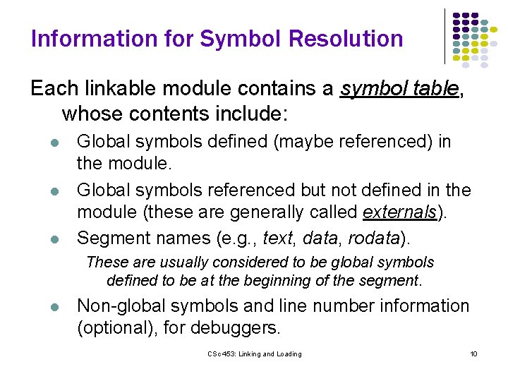 Information for Symbol Resolution Each linkable module contains a symbol table, whose contents include: