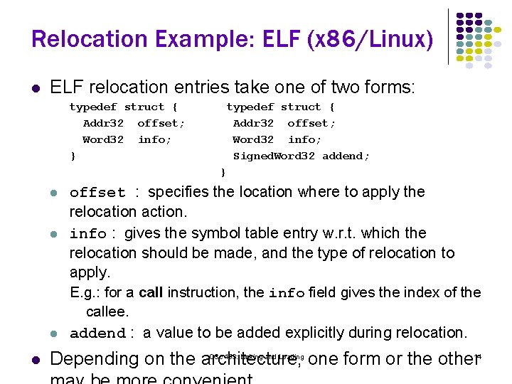 Relocation Example: ELF (x 86/Linux) l ELF relocation entries take one of two forms: