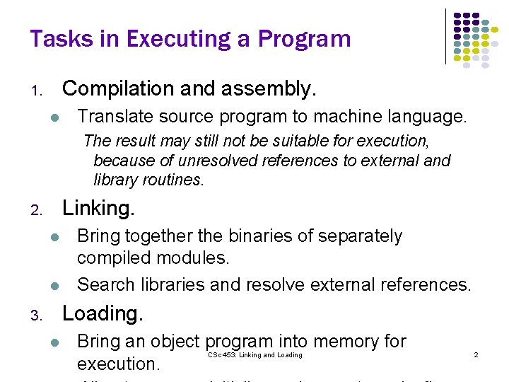 Tasks in Executing a Program Compilation and assembly. 1. l Translate source program to