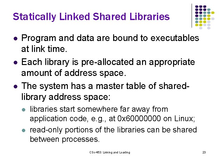 Statically Linked Shared Libraries l l l Program and data are bound to executables