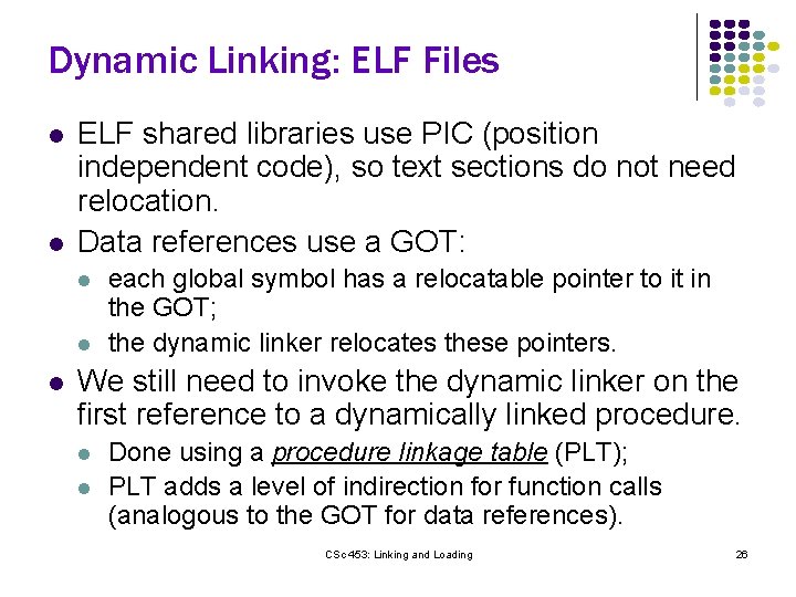 Dynamic Linking: ELF Files l l ELF shared libraries use PIC (position independent code),